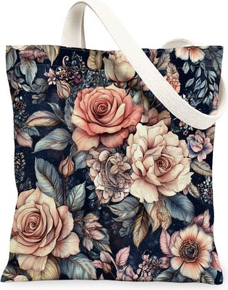 Generic Spring Aesthetic Rose Canvas Tote Bag for Shopping 13x15, Retro Flower Garden Reusable Grocery Print Pattern Bag for Women, Floral Wildflower Beach Ae