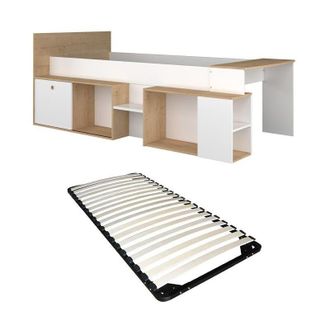 Vente-Unique Vente-unique - Letto combinato 90 x 200 cm con scrivania e vani portaoggetti Bianco e Naturale + Rete - paloma