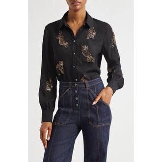 Cinq &agrave; Sept Blanche Beaded Tiger Detail Satin Button-Up Shirt in Black/Multi at Nordstrom Rack, Size X-Small