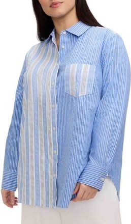 Foxcroft Meghan Mix Stripe Seersucker Button-Up Top in Blue Multi at Nordstrom, Size 1X