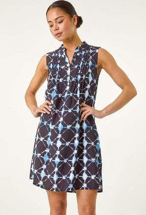 Roman Geometric Pintuck Pocket Dress