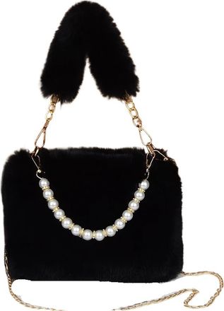 Generic Womens Plush Bags Fluffy Pearl Handbag Fashionable Womens Crossbody Bag Chain Design Autumn Winter Small Versatile(Black)