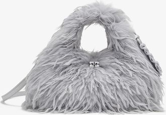 Ganni Quiet Gray Mini Hobo Bag in Blue Feathers