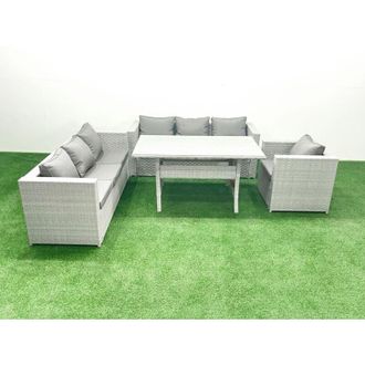 Fimous 4 Pieces Outdoor Rattan Sofa Set with Cushions Patio Garden Furniture Sets with Armchair Dining Table Light Grey Mixed - Fimous