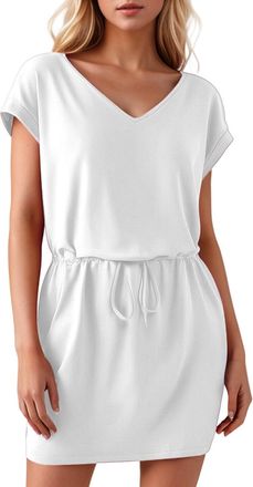 Generic Summer Dresses for Women 2025 V Neck T Shirt Casual Mini Dresses Tie Waist Sundresses with Pockets White