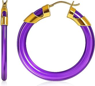 Gold & Honey Womens Classic Flat Lucite Birthstone Hoop Earrings In February - Amethyst