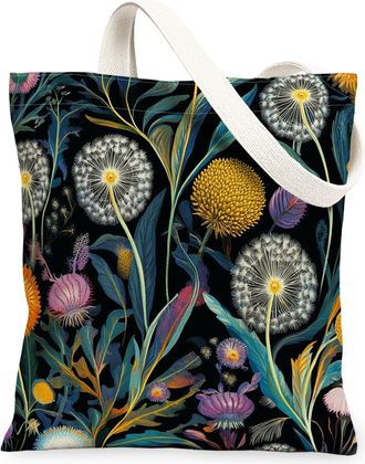 Generic Spring Dandelion Flower Canvas Tote Bag for Shopping 13x15, Vintage Retro Florals Reusable Grocery Print Pattern Bag for Women, Fun Aesthetic Beach Ae