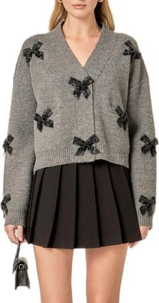 English Factory Beaded Bow Oversize Cardigan in Charcoal at Nordstrom, Size X-Small