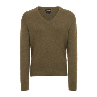 Tom Ford V-neck Knitwear, male, Brown, Size: 2XL Olive green sweater with v-neck