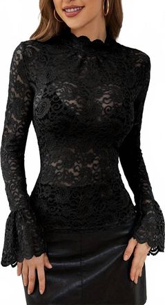 Flying Tomato Sheer Mock Neck Lace Shirt In Black