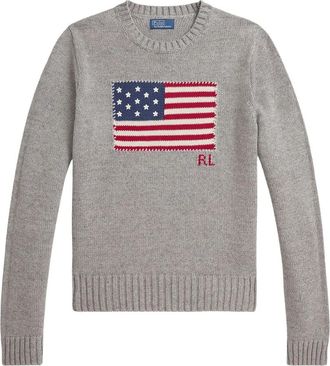 Ralph Lauren Flag Cn Long Sleeve Pullover - Dames - Ronde hals truien - Grijs - M - Katoen - Truien & Vesten