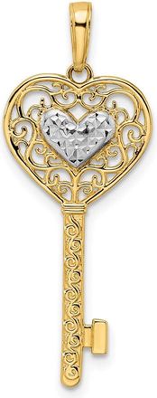 Diamond2Deal 14k Yellow Gold White Rhodium Diamond-cut Heart Filigree Key Pendant