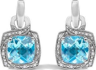 House of Brilliance Sterling Silver Cushion Cut Blue Topaz and Diamond Accent Geometric Dangle Earrings at Nordstrom