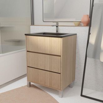 Aurlane Aurlane - Mobile bagno da 60 cm 3 Casseti Rovere Chiaro + Lavabo Ceramica Nera - xenos