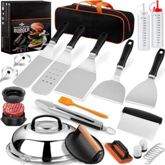 OEM 27 Piezas Accesorios Para Plancha Y Esp&aacute;tula Hombre, Juego Utensilios Acero Inoxidable Teppanyaki, Kit Regalo Hamburguesas Hibachi Con Prensa Y C&uacute;pula