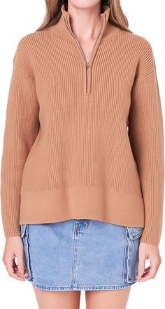 English Factory Half Zip Rib Sweater in Camel at Nordstrom, Size X-Small