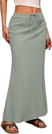 Generic Wrap Linen Maxi Skirts for Women Summer Solid Drawstring Elastic Waist,Drawstring Long Flowy Ankle-Length Skirts (Light Green,M)