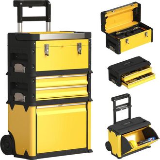 HOMCOM Homcom - Tallar M&oacute;vil 3 En 1 Caja De Herramientas Con Ruedas Apilable Carro De Herramientas De Acero Con Bandeja Mango Telesc&oacute;pico Amarillo Y Negro