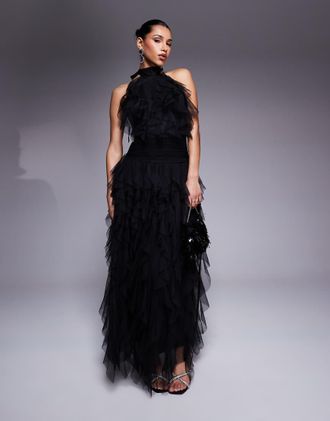 Lace & Beads Vestito lungo in tulle nero con volant e schiena scoperta