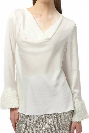 Joseph Ribkoff Cowl Neck Fringe Cuff Satin Top In Winter White