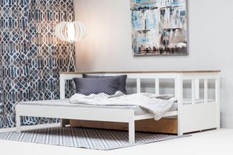 HOME AFFAIRE Daybett »AIRA Kinderbett, Gästebett, Skandi- Design, Schublade optional« FSC zertifiziertes Massivholz, mit ausziehbarer Liegefläche, ideal fürs Jugen