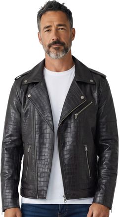 Infinity Leather Mens Black Cow Leather Alligator Print Embossed Biker Jacket - Cologne