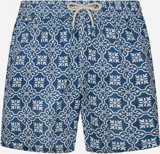 MC2 Saint Barth Man Mid-length Linen Swim-shorts Gustavia With Majolica Print
