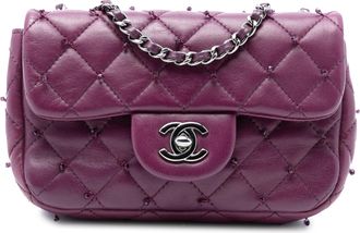 Chanel Pre-owned Womens Extra Mini Rectangular Lambskin Beaded Single Flap - Purple Leather - One Size