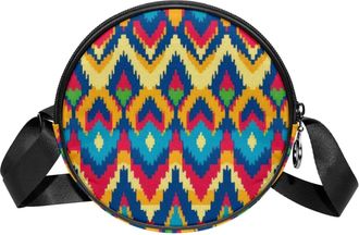 Generic Circle Crossbody Bag for Women, Ikat Ethnic Small Sling Bag Daypack with Zipper Adjustable Shoulder Straps Casual Ladies Girls Round Purse