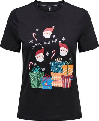 Only Rundhalsshirt ONLY ONLXMAS YRSA CHRISTMAS REG S/S TOP JRS, Damen, Gr. M, schwarz print:yrsa holidays, Single Jersey, Obermaterial: 100% Baumwolle, Run