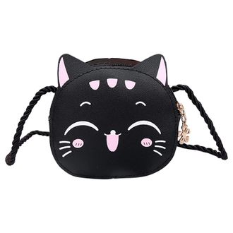 Generic Kids Messenger Bag with Mini Cat Wallet Change Purse Cartoon Design One Shoulder Crossbody Bag for Children (Black, One Size)