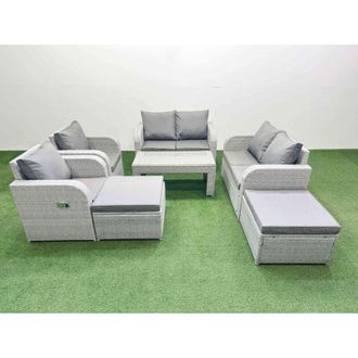 Fimous 8 Seater Outdoor Reclining Chair Love Sofa Set Rattan Garden Furniture Set with Oblong Coffee Table 2 Big FootStools Light Grey - Fimous