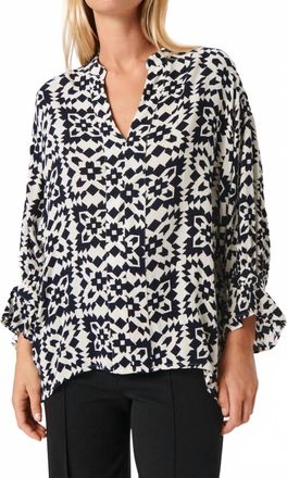 Soaked In Luxury Zaya V-Notch Neck Blouse In White And Navy Folklore