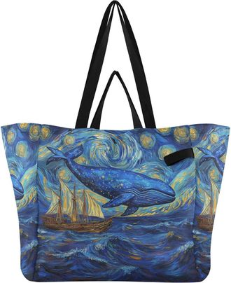 Generic Ship Star Whale Blue pattern Reusable Canvas Tote Bag, Heavy Duty Grocery Shopping Bag with Double Handles Large Capacity Hard Bottom Work Groceries T