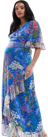Hope & Ivy Maternity frill sleeve maxi wrap dress with tie waist in blue print