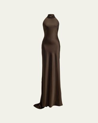 Ralph Lauren Chilton Stretch Satin Halter Evening Dress