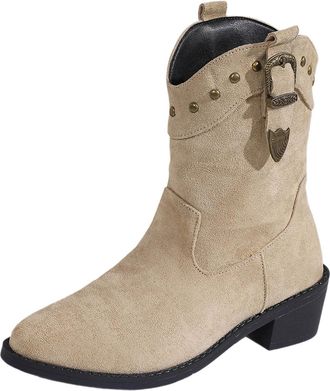 Generic 2026 Womens Cowboy Boots Half Ankle High Western Pointed Low Heel Perforated Length Women Shoes Long (Beige, 5.5)