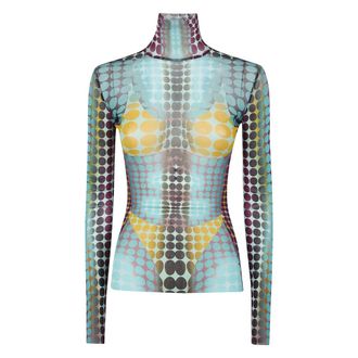 Jean Paul Gaultier Tops, Dames, Veelkleurig, M, Tule, The Blue Dots Print Mesh Top