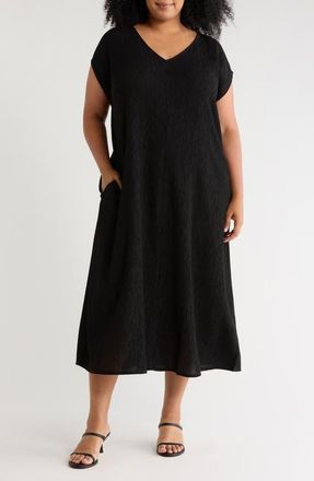 Eileen Fisher V-Neck Cap Sleeve Crinkle Dress in Black at Nordstrom, Size 2X