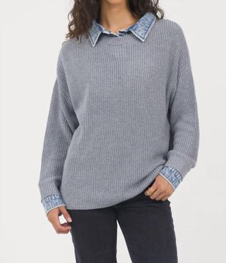 Vintage Havana Denim Cuff Sweater In Washed Heather Grey With Denim Cuff/collar