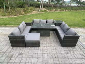 Fimous Outdoor Rattan Garden Furniture Sofa Set Patio Adjustable Rising Lifting Dining Table Set with Side Table in Dark Grey