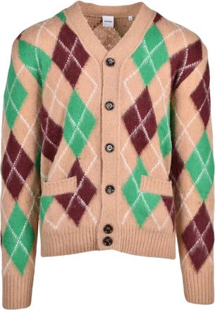 Aspesi Beige/Bordeaux Argyle Pattern V-Neck Wool Cardigan