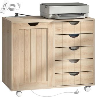 HOMCOM Homcom Mueble Para Impresora Con Estaci&oacute;n De Carga Y Ruedas, Soporte Para Impresora Con 5 Cajones, Puertos Usb, Estante Ajustable, Natural