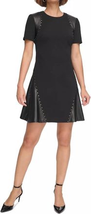 DKNY Womens Studded Mixed-Media Fit & Flare Dress In Black
