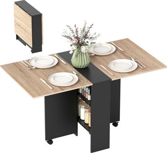 OEM Mesa De Cocina Plegable Con Ruedas 2 Estantes De Almacenaje Y 2 Alas Abatibles Estilo Moderno 75x140x74 Cm Natural