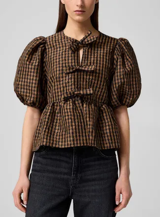 Ganni Womens Gingham taffeta peplum-waist blouse
