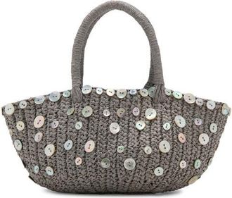 Mango Button Detail Natural Fiber Top Handle Bag in Light/pastel Grey at Nordstrom