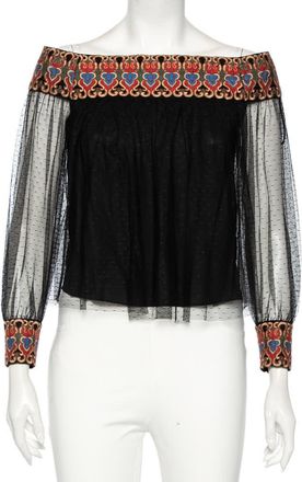 Alice & Olivia Alice + Olivia Black Embroidered Tulle Off-Shoulder Blouse