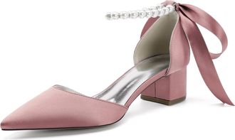 Generic Womens Pointed Toe Wedding Shoes Low Heels Satin Bridal Shoes Chunky Block Heels Comfortable Dance Shoes 4.5Cm,Flesh Pink,10 UK
