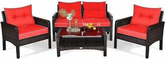 Costway 4 Pieces PE Rattan Patio Conversation Set Outdoor Rattan Furniture With Cushions